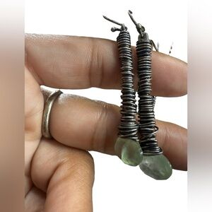 VINTAGE Sterling Silver Green Flourite Handmade Wire Wrapped Earrings $129